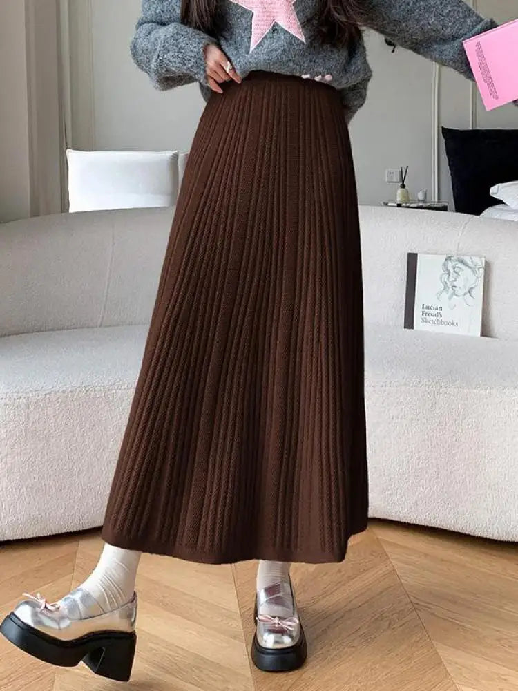 Vintage Women's Solid Elegant Party Knitted Long Skirt High Waist Pleated Warm Vacation A-line Skirts 2024 Autumn Winter Popular