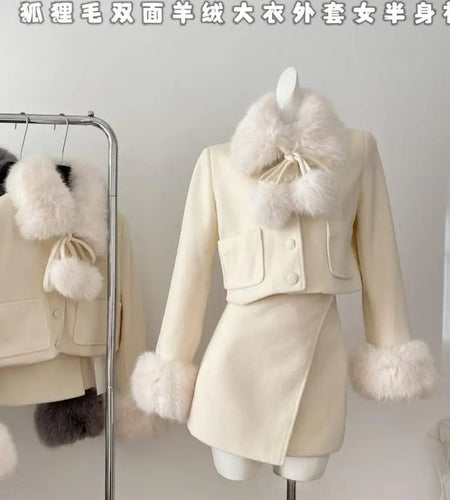 Vintage 2024 Winter New Fashion Women's Slim Two Piece Set Beige Gray Long Sleeve Plush Neck Lace-up Woolen Coat And Short Skirt