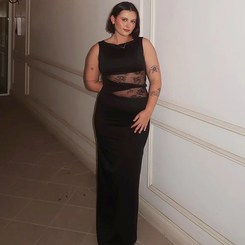 Sheer Lace Sleeveless Sexy Maxi Dress For Women Gown Summer Patchwork Fashion O Neck Bodycon Long Tank Dress Vestido