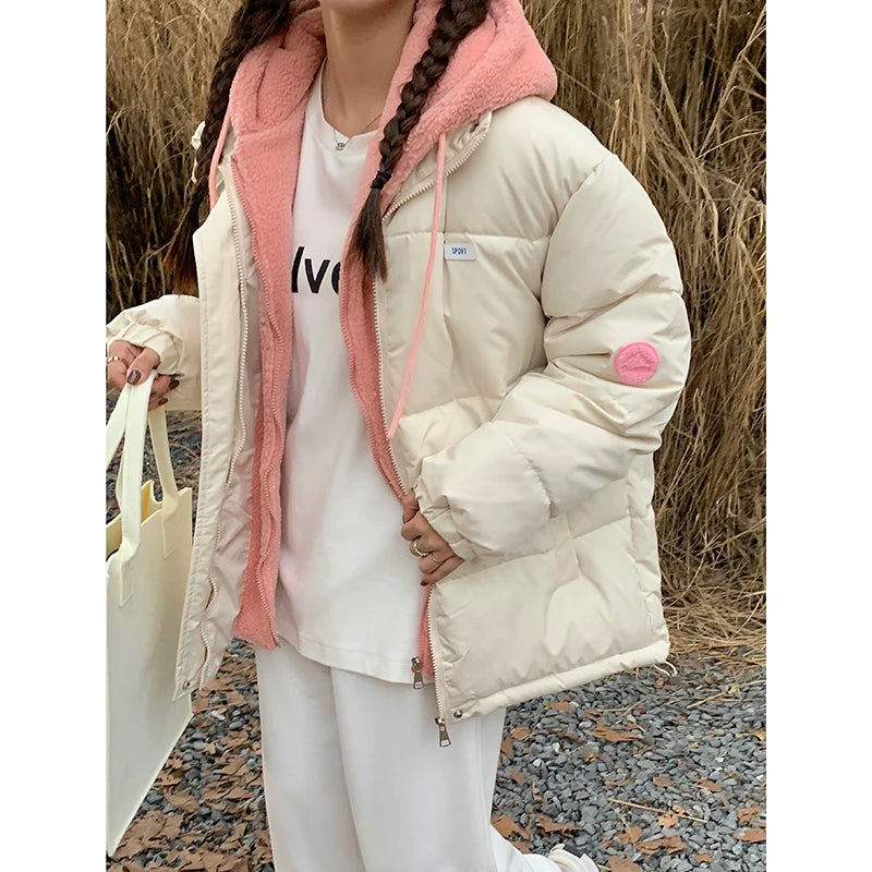Women Autumn Winter New Beige Patchwork Long Sleeve Short Down Cotton Jacket Black Hooded Warm Elegant Coat Casual Thick Clothes