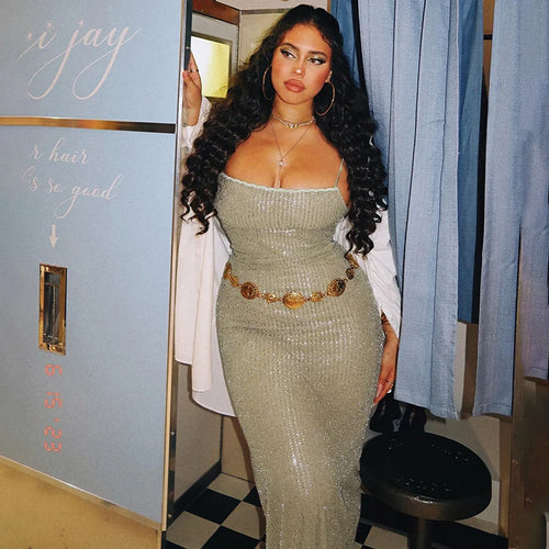 Load image into Gallery viewer, Spaghetti Strap Sparkle Maxi Dress Women Glitter Elegant Split Sleeveless Long Dress Fashion Sexy Party Club Dress
