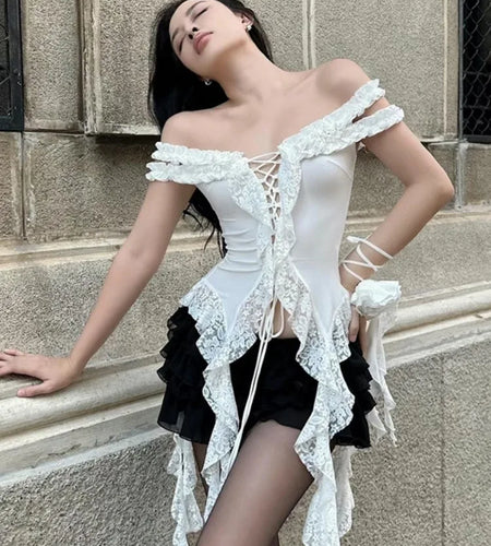 Y2k Aesthetic Lace Patchwork Tops Harajuku Hollow Out Bandage T Shirt Women Slim-fit Grunge Sleeveless Irregular 2025 Tee Femme