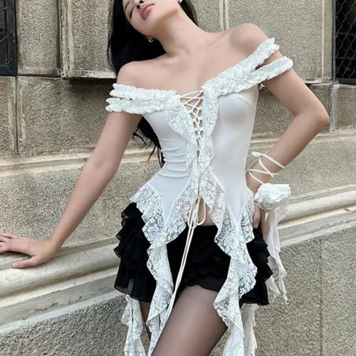 Load image into Gallery viewer, Y2k Aesthetic Lace Patchwork Tops Harajuku Hollow Out Bandage T Shirt Women Slim-fit Grunge Sleeveless Irregular 2025 Tee Femme
