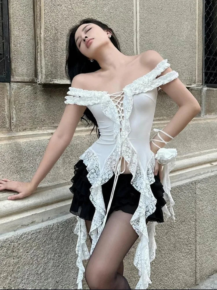 Y2k Aesthetic Lace Patchwork Tops Harajuku Hollow Out Bandage T Shirt Women Slim-fit Grunge Sleeveless Irregular 2025 Tee Femme