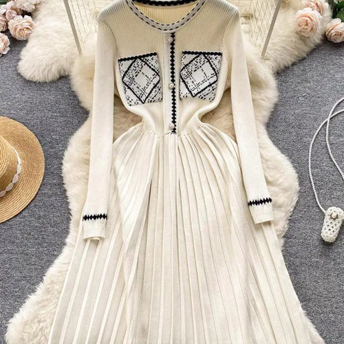 Load image into Gallery viewer, Beige Patchwork Knit Sweater Long Dress Woman Clothes Casual Autumn Winter Korean Slim Long Sleeve Elegant Black Pleated Dresses
