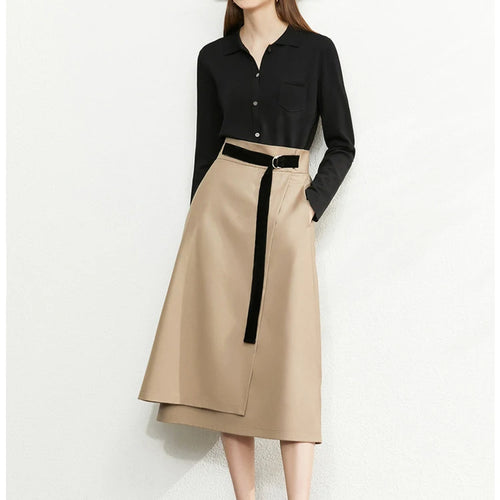 Load image into Gallery viewer, Minimalism Autumn Skirts Fashion Solid Belt Women Robe Causal High Waist Aline Irregular Hem Female Midi Skirt 12240752
