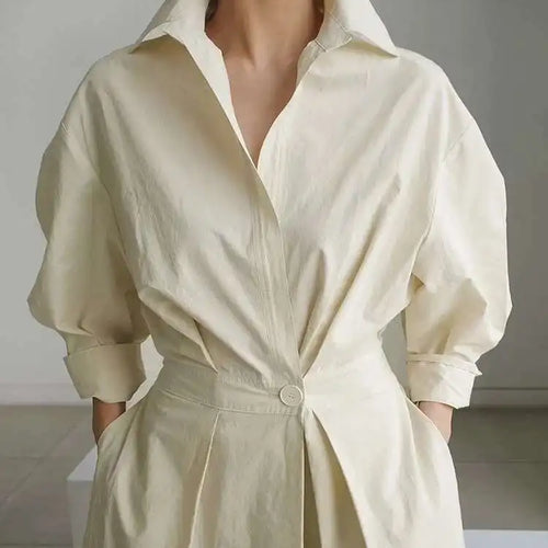 Load image into Gallery viewer, Women Beige Pleated Long Big Size Elegant Dress New Lapel Long Sleeve Loose Fit Fashion Tide Spring Autumn 2025 1DE91400
