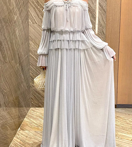 Solid Spliced Lace Up Loose Dresses For Women Slash Neck Long Sleeve High Waist Temperament Long Dress Female New