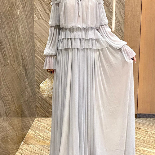Load image into Gallery viewer, Solid Spliced Lace Up Loose Dresses For Women Slash Neck Long Sleeve High Waist Temperament Long Dress Female New
