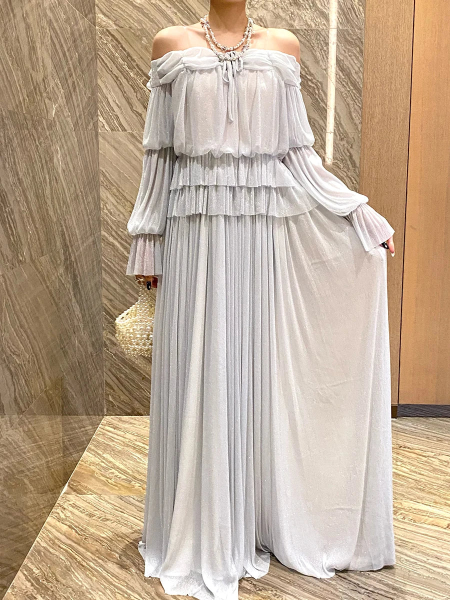 Solid Spliced Lace Up Loose Dresses For Women Slash Neck Long Sleeve High Waist Temperament Long Dress Female New