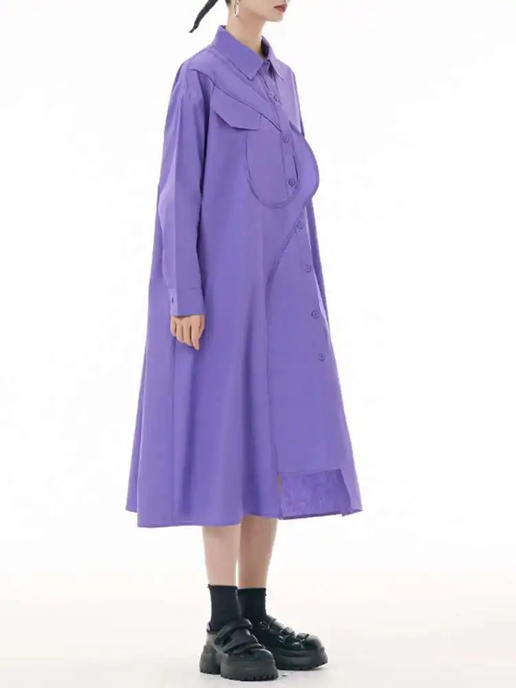 Women Purple Irregular Spliced Big Size Shirt Dress New Lapel Long Sleeve Loose Fit Fashion Spring Autumn 2025 1DH0654