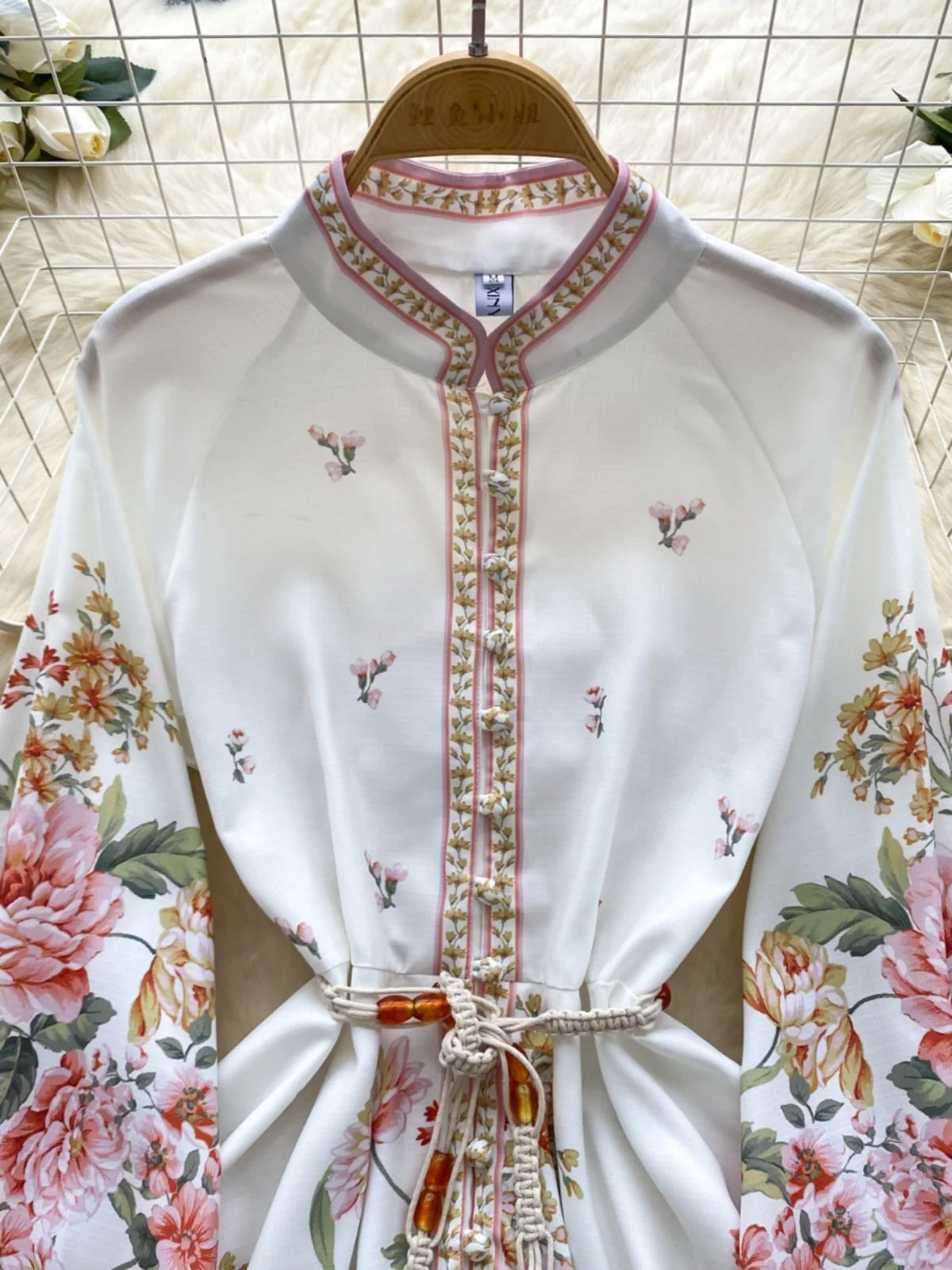 Autumn New Women Fashion White Floral Long Sleeved Lace-up Prom Dress Elegant Single Breasted Princess Pleated Short Dress Boho