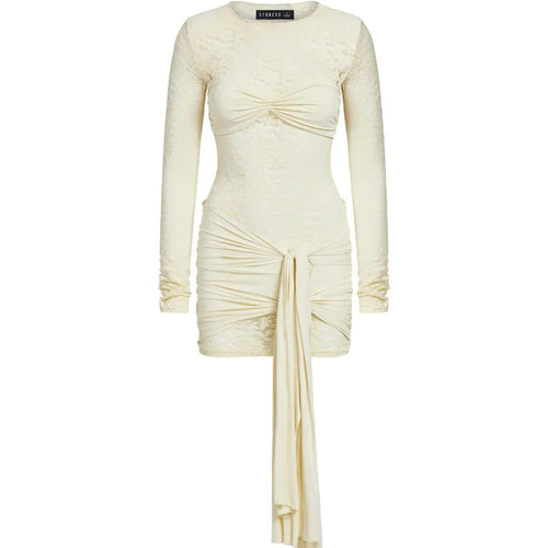 Load image into Gallery viewer, Lace See Through Draped Mini Dress Women Robe Elegant Patchwork Long Sleeve Slim Ruched Club Party Dress Clubwear
