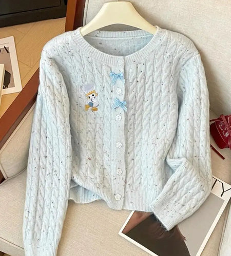French Solid Embroidery Bow Single Breasted Short Cardigans Sweater Women Autumn Winter O-neck Long Sleeve Knitwear Tops Popular
