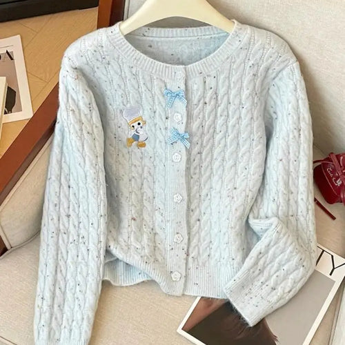 Load image into Gallery viewer, French Solid Embroidery Bow Single Breasted Short Cardigans Sweater Women Autumn Winter O-neck Long Sleeve Knitwear Tops Popular
