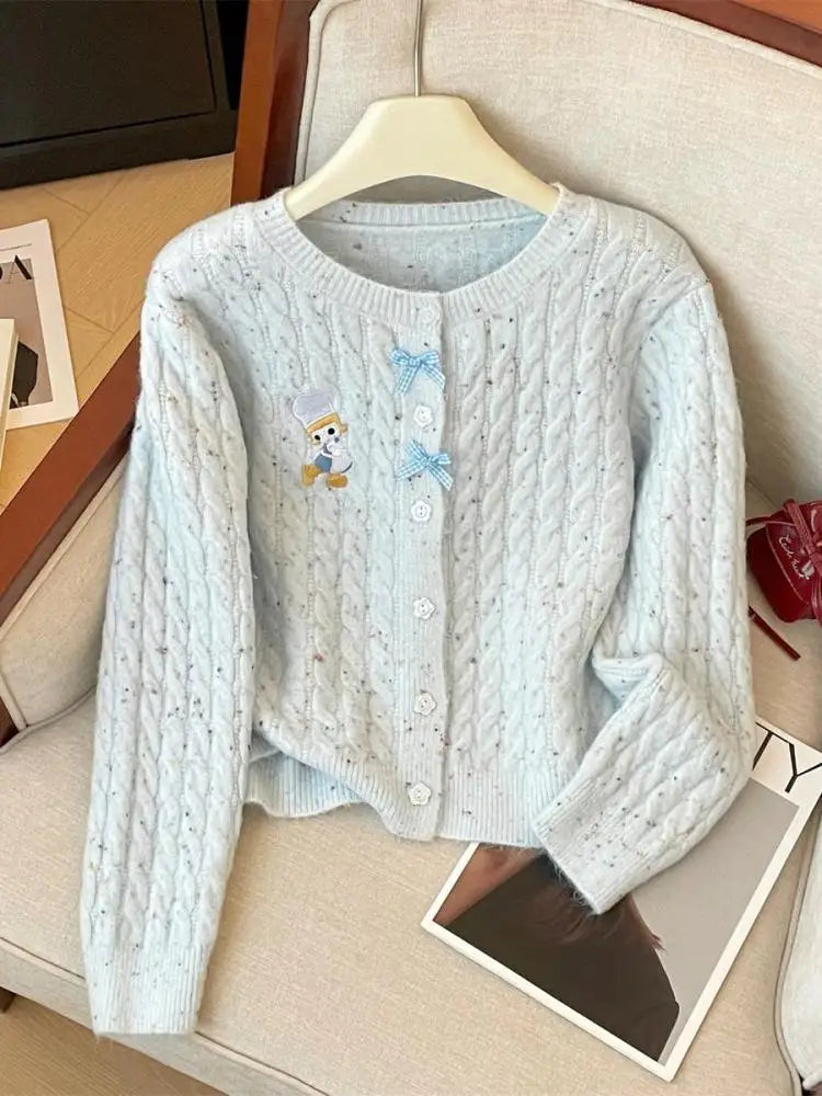 French Solid Embroidery Bow Single Breasted Short Cardigans Sweater Women Autumn Winter O-neck Long Sleeve Knitwear Tops Popular
