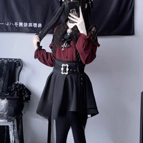 Load image into Gallery viewer, Japanese Kawaii Lolita Shirt Women Y2k Aesthetic Lace Patchwork Bandage Blouse Harajuku Sweet Cute Ruffle Bow Tops Blusas Cute
