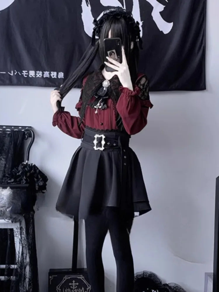 Japanese Kawaii Lolita Shirt Women Y2k Aesthetic Lace Patchwork Bandage Blouse Harajuku Sweet Cute Ruffle Bow Tops Blusas Cute