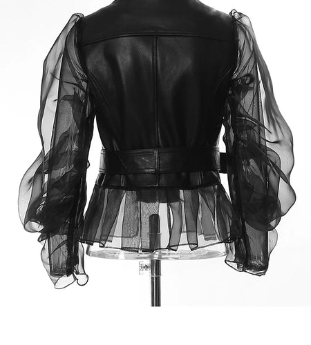 Loose Fit Black Pu Leather Mesh Elegant Jacket New Lapel Long Sleeve Women Coat Fashion Tide Spring Autumn 2025 17A8517