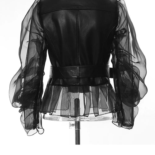 Load image into Gallery viewer, Loose Fit Black Pu Leather Mesh Elegant Jacket New Lapel Long Sleeve Women Coat Fashion Tide Spring Autumn 2025 17A8517

