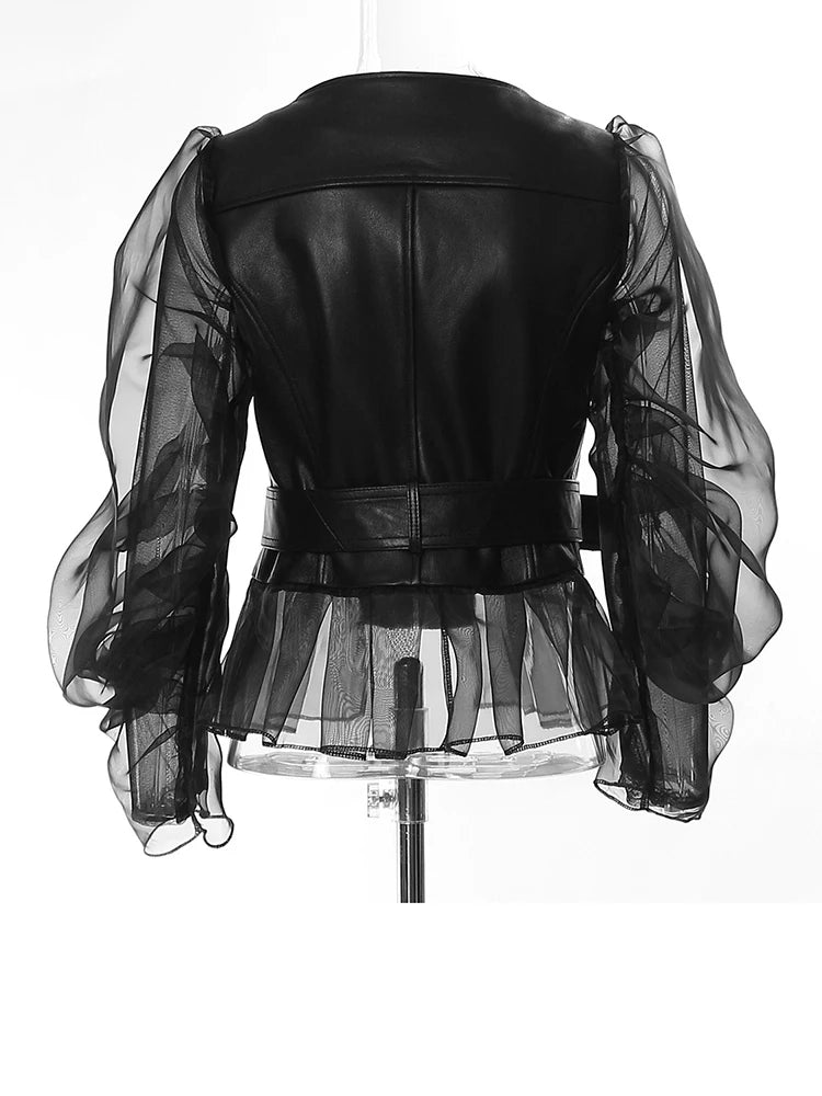 Loose Fit Black Pu Leather Mesh Elegant Jacket New Lapel Long Sleeve Women Coat Fashion Tide Spring Autumn 2025 17A8517