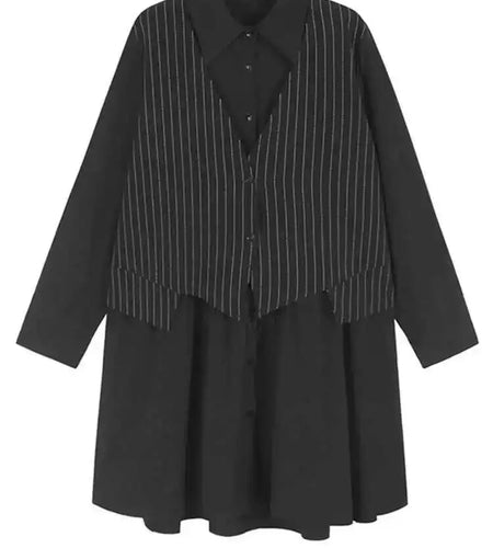 Women Black Striped Drawstring Big Size Knee-Length Dress New Lapel Long Sleeve Fashion Tide Spring Autumn 2025 1DH9966