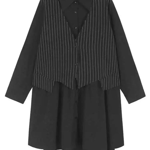 Load image into Gallery viewer, Women Black Striped Drawstring Big Size Knee-Length Dress New Lapel Long Sleeve Fashion Tide Spring Autumn 2025 1DH9966
