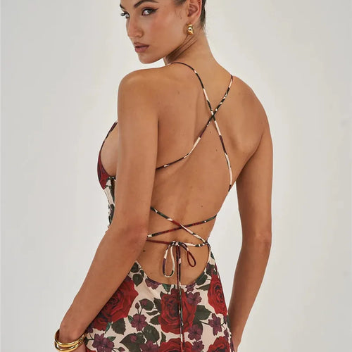 Load image into Gallery viewer, Spaghetti Strap Backless Print Dress For Women Fashion Deep V Neck Sleeveless Lace Up Bodycon Printed Sexy Long Dress
