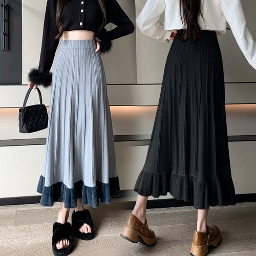 Load image into Gallery viewer, Korean Fashion Women Patchwork Ruffle Edge Knitted Long Skirts 2024 Autumn Winter Vintage High Waist Party A-line Pleated Skirt
