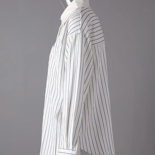 Load image into Gallery viewer, Women Blue Striped Textured Big Size Elegant Blouse New Lapel Long Sleeve Shirt Fashion Tide Spring Autumn 2025 CPG3188
