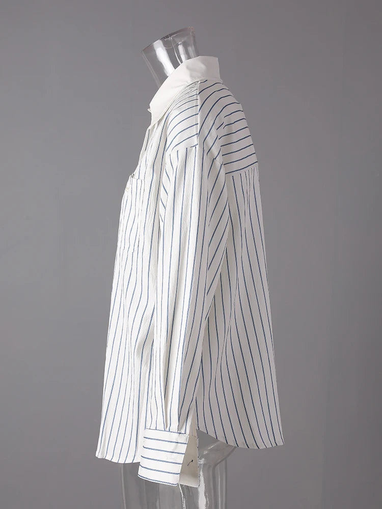 Women Blue Striped Textured Big Size Elegant Blouse New Lapel Long Sleeve Shirt Fashion Tide Spring Autumn 2025 CPG3188