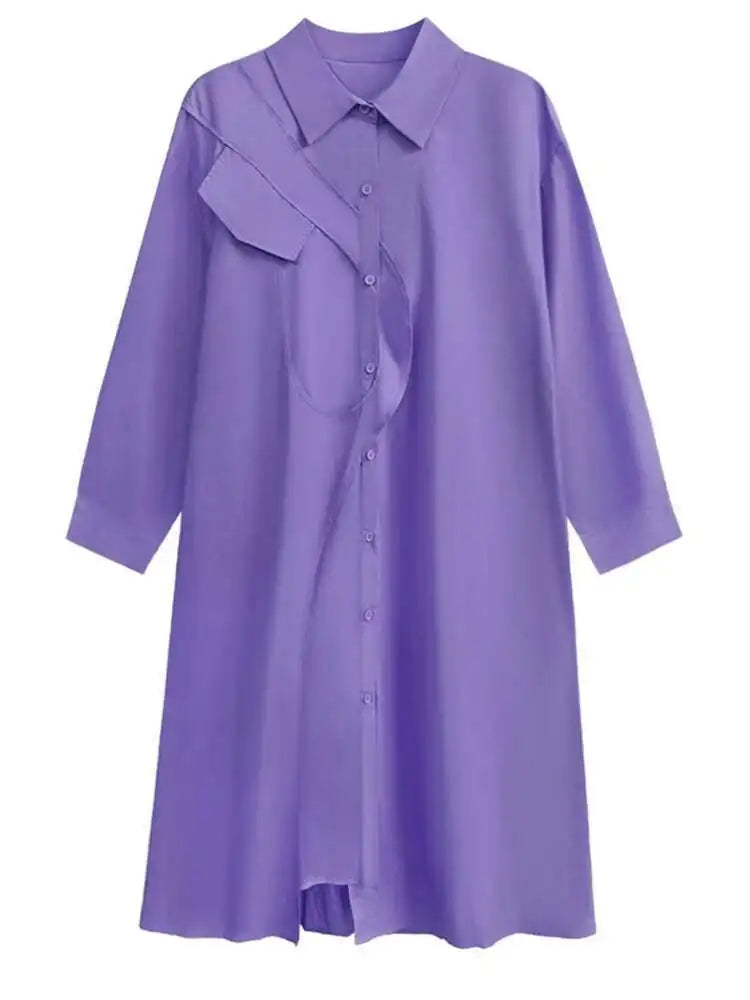 Women Purple Irregular Spliced Big Size Shirt Dress New Lapel Long Sleeve Loose Fit Fashion Spring Autumn 2025 1DH0654