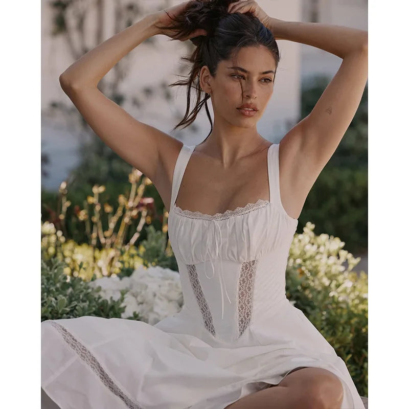 Floral Print Backless Sexy Mini Dress Women Robe Summer Fashion Square Collar Sleeveless High Waist A-line Club Dress