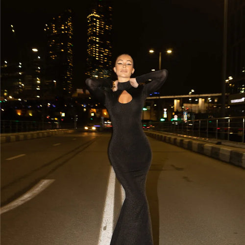 Load image into Gallery viewer, Hollow Out Turtleneck Long Sleeve Sexy Maxi Dress For Women Gown 2025 New Bodycon Evening Club Long Dress Vestido
