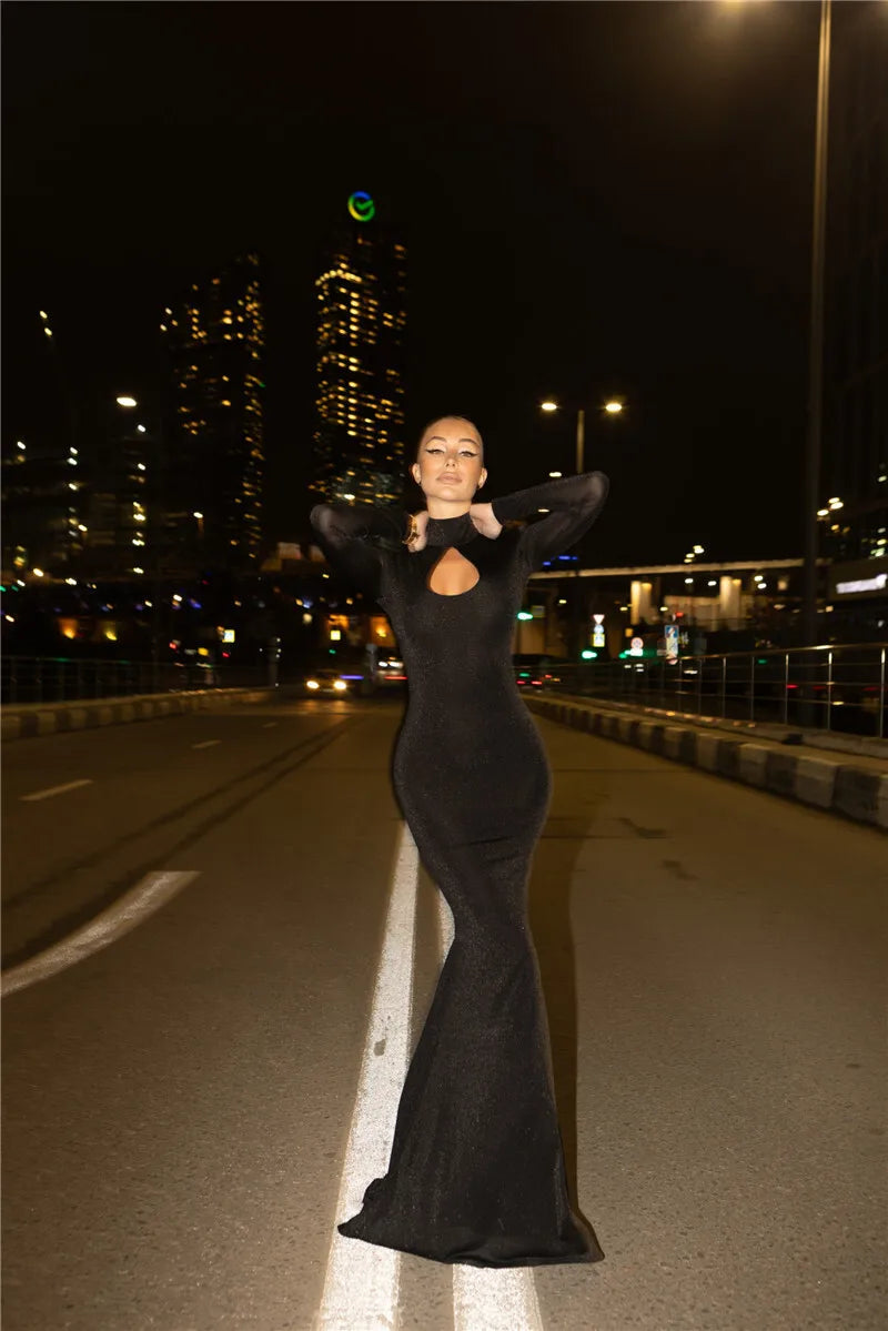 Hollow Out Turtleneck Long Sleeve Sexy Maxi Dress For Women Gown 2025 New Bodycon Evening Club Long Dress Vestido