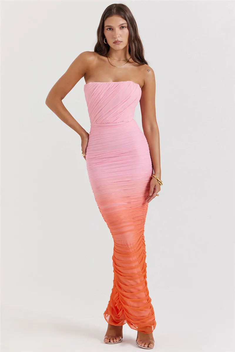 Gradient Strapless Backless Sexy Maxi Dress For Women Fashion Off-shoulder Sleeveless Bodycon Back Split Long Dress