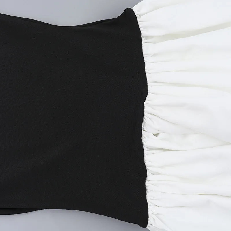 Patchwork Sexy Mini Dress For Women Autumn New Contrasting Color O Neck Long Sleeve High Waist A-line Sexy Dress