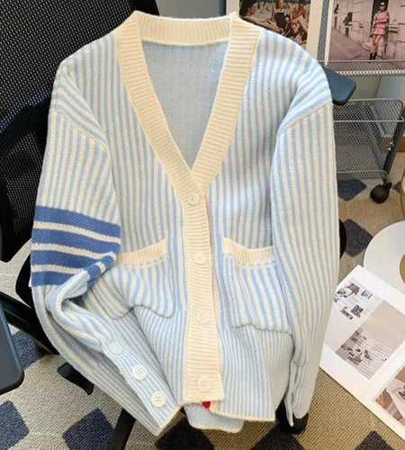 Pink Striped Single Breasted Cotton Sweater Women 2024 Autumn Winter New Blue Patchwork V-neck Knit Cardigan Tops Versatile Chic