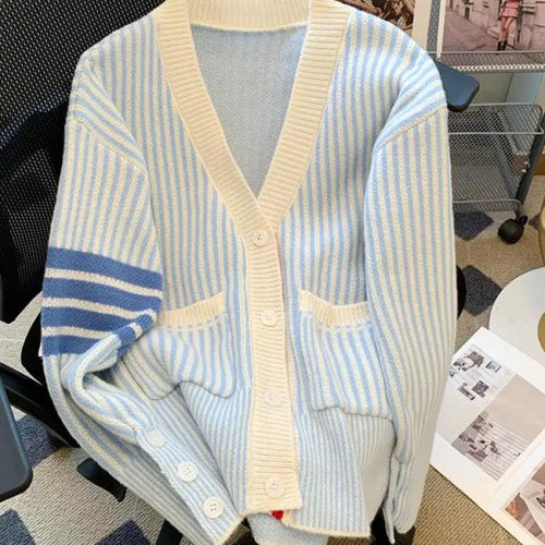 Load image into Gallery viewer, Pink Striped Single Breasted Cotton Sweater Women 2024 Autumn Winter New Blue Patchwork V-neck Knit Cardigan Tops Versatile Chic
