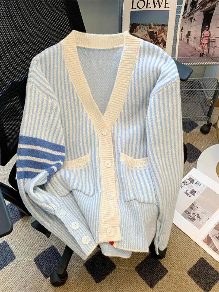 Pink Striped Single Breasted Cotton Sweater Women 2024 Autumn Winter New Blue Patchwork V-neck Knit Cardigan Tops Versatile Chic