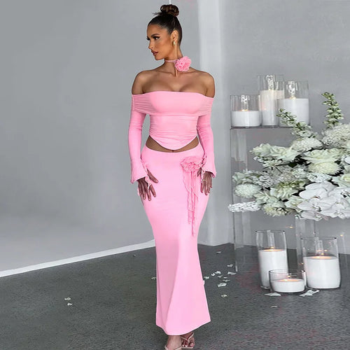 Load image into Gallery viewer, Elegant Halter 3D Flower Two Piece Sets Women Fashion Off-shoulder Tops And Maxi Skirt Matching Sets Bodycon Sexy Dress
