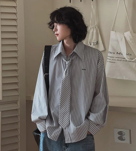 Spring Men's Long Sleeve Shirts New Striped Tie College Style Loose Casual Male Turn-down Collar Clothing 2025 9W1448