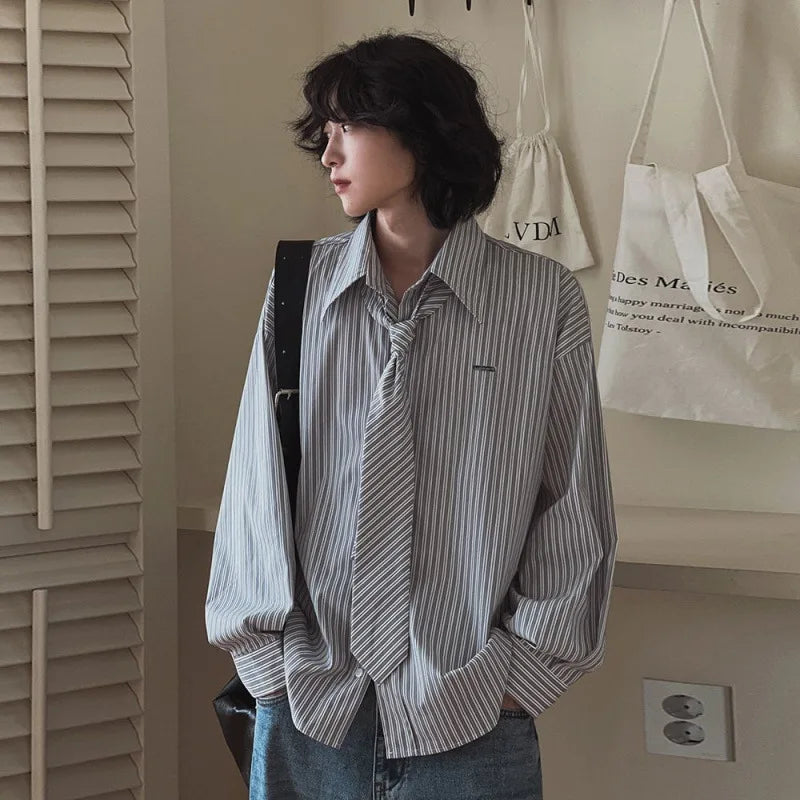 Spring Men's Long Sleeve Shirts New Striped Tie College Style Loose Casual Male Turn-down Collar Clothing 2025 9W1448