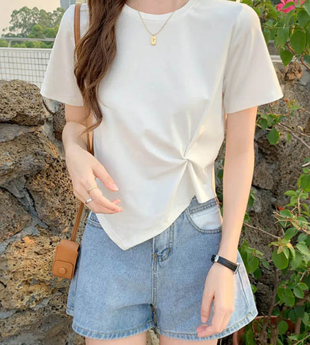 Y2K Irregular T-shirt Women Summer Skinny T Shirt Femme Solid Short Sleeve Korean Kpop Slim O-Neck Tshirt Woman Clothes Top