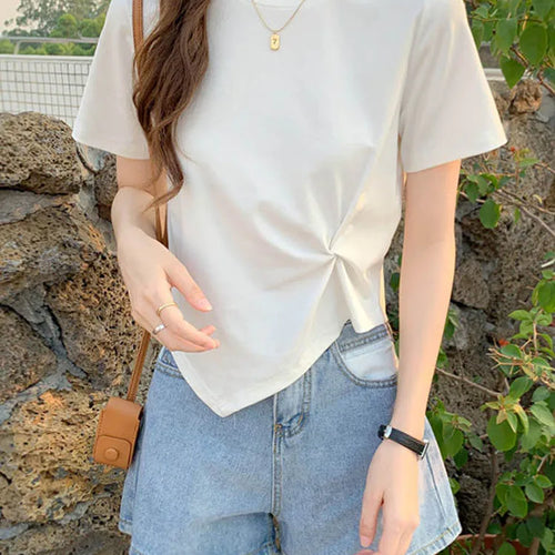 Load image into Gallery viewer, Y2K Irregular T-shirt Women Summer Skinny T Shirt Femme Solid Short Sleeve Korean Kpop Slim O-Neck Tshirt Woman Clothes Top
