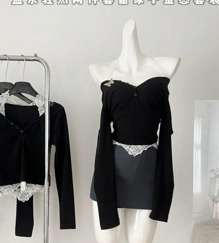Women Autumn Winter 2024 New French Black Patchwork Lace Elegant Long Sleeved Tops And Gray High Waist Short Skirt Two Piece Set