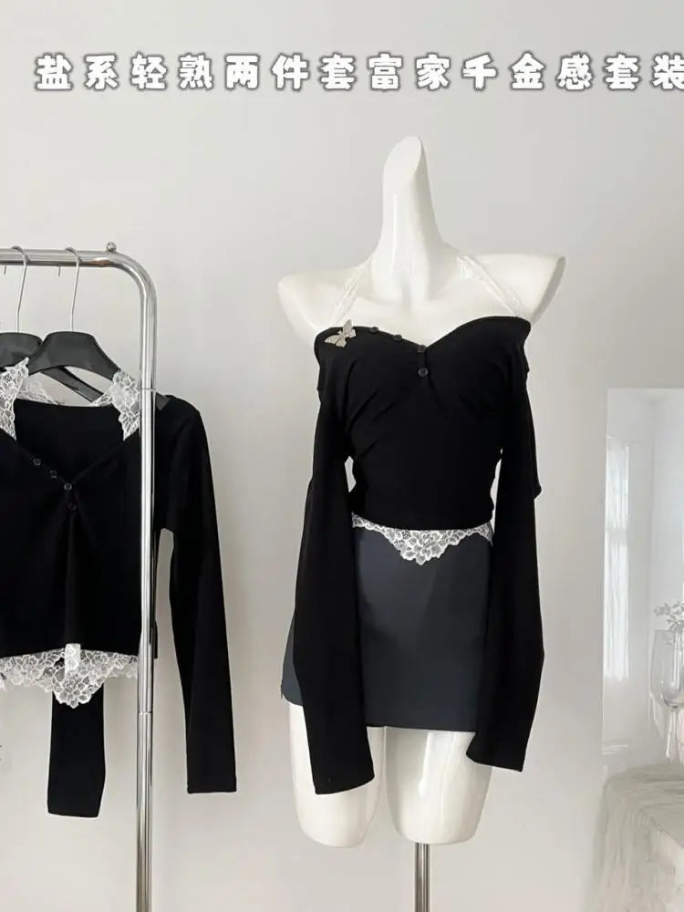 Women Autumn Winter 2024 New French Black Patchwork Lace Elegant Long Sleeved Tops And Gray High Waist Short Skirt Two Piece Set