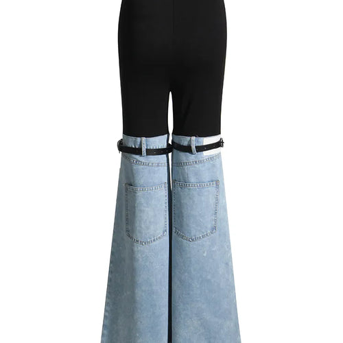 Load image into Gallery viewer, Hit Color Patchwork Denim Wide Leg Pants Female High Waist Casual Button Flat Casual Loose Wide Leg Pants Female
