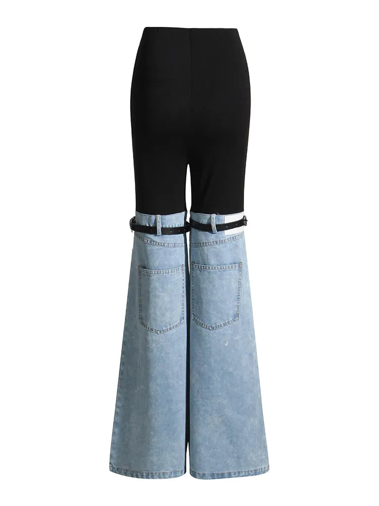 Hit Color Patchwork Denim Wide Leg Pants Female High Waist Casual Button Flat Casual Loose Wide Leg Pants Female