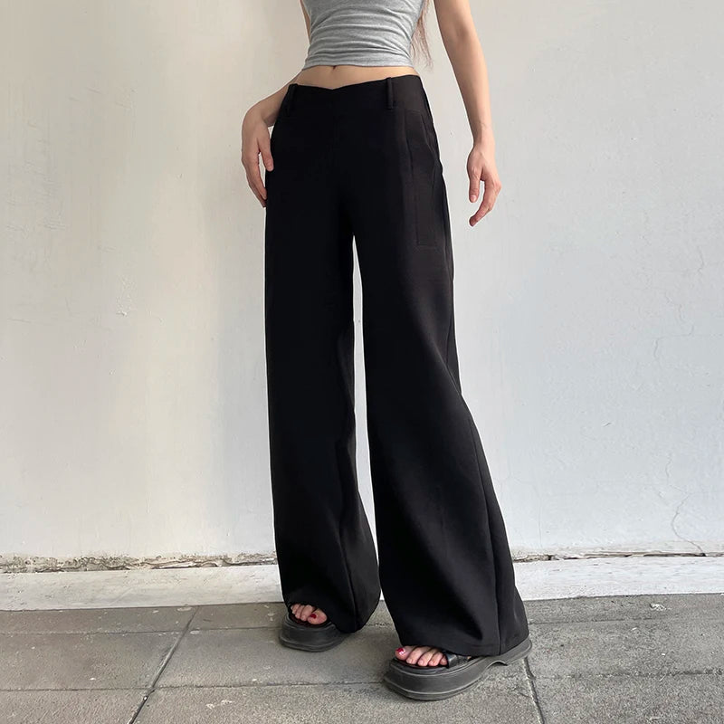 Casual Black Low Rise Women Pants Basic Straight Leg Streetwear Korean Fashion Office Suit Trousers Ladies Sweatpants